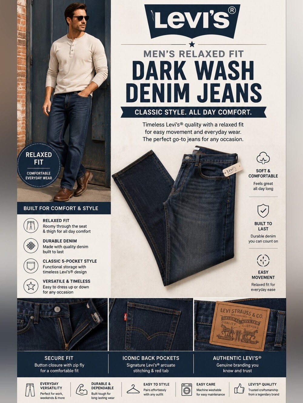 Levi’s Men’s Relaxed Fit Dark Wash Denim Jeans Classic Casual Pants
